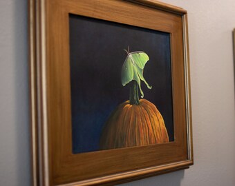 Luna Moth Gold Framed Fine Art Giclee Print / Pumpkin Still Life / Unique Wedding Anniversary Birthday Gift / Framed Still Life Painting