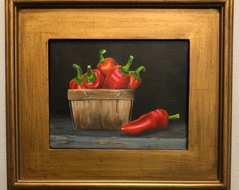 Sweet Peppers Framed Still Life Painting / Gold Framed Giclee Print / Art for Kitchen and Dining Room / Foodie Lovers Gift