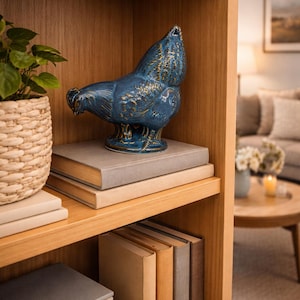 Handcrafted Ceramic Blue Hen Statue – Coastal Farmhouse Bird Decor, Beach House Shelf Accent