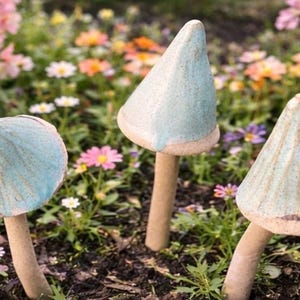 Three Large Hand-Sculpted Ceramic Garden Mushrooms, Whimsical Accent.