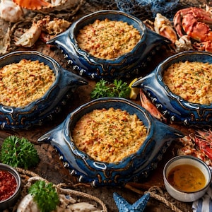 May include: Four blue ceramic bowls shaped like crabs, each filled with a golden-brown baked seafood dish. A wooden sign reads "CRAB Imperial". The arrangement includes cooked shrimp, whole crabs, lemon slices, and small bowls of dipping sauce.
