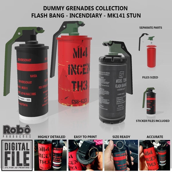 Dummy Grenades Collection - Flash bang - Incendiary and mk141 Stun Grenade - STL model 3D print file