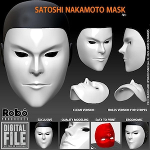 May include: A 3D printable model of a white mask with a design inspired by Satoshi Nakamoto, the pseudonymous creator of Bitcoin. The mask is shown in different views, including a clean version and a version with holes for stripes. The image includes the text "Satoshi Nakamoto Mask V1" and "Robo Producoes Digital File STL for 3D Printing".