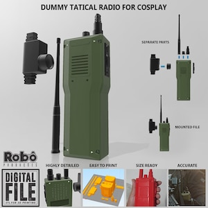 May include: A 3D printable model of a tactical radio for cosplay. The model is shown in green and black, with separate parts for printing. The image also shows the model printed in red and a close-up of the detailed design.