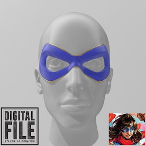 May include: A 3D printed blue and gold superhero mask. The mask is designed to fit over the eyes and nose. The mask is a digital file for 3D printing.