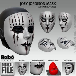 Pode incluir: Uma coleção de máscaras brancas e pretas de Joey Jordison, com detalhes pretos ao redor dos olhos e da boca. As máscaras são exibidas de vários ângulos. O texto na imagem diz "JOEY JORDISON MASK" e "DIGITAL FILE STL FOR 3D PRINTING."