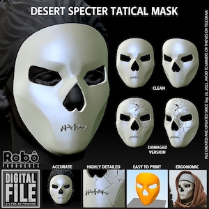 May include: A digital file for a Desert Specter Tactical Mask, featuring a skull-like design with eye and nose cutouts and stitched mouth detail. The image displays clean and damaged versions, along with 3D printing previews and a finished model.