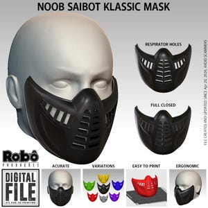May include: A black Noob Saibot Klassic mask, a digital file for 3D printing. The image shows the mask with respirator holes and a full closed version. Additional variations in different colors are also displayed. The mask is described as accurate, easy to print, and ergonomic.