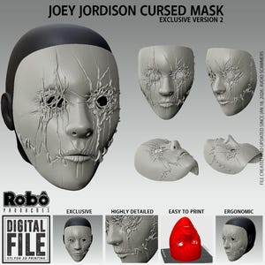 Puede incluir: Una máscara gris estilizada con detalles cosidos y una gorra negra, etiquetada como "JOEY JORDISON CURSED MASK". La imagen incluye múltiples vistas de la máscara, destacando su diseño y el texto "DIGITAL FILE STL FOR 3D PRINTING."