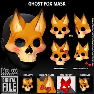 May include: A Ghost Fox mask design with a skull-like face and fox ears. The mask is orange and white with blush details. The image includes the text "GHOST FOX MASK" and "DIGITAL FILE STL FOR 3D PRINTING".