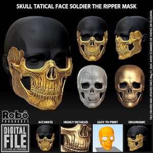 May include: A digital file for a skull tactical face soldier the ripper mask. The design features a black upper cranium with a detailed gold or metallic lower jaw and cheekbone structure. Multiple views show the mask in black, gold, and white finishes.