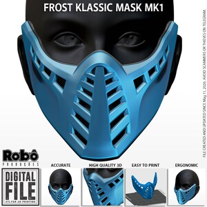 May include: A light blue Frost Klassic Mask MK1, a 3D-printed mask, is displayed on a black mannequin head. The mask has a detailed design with geometric cutouts and is labeled as accurate, high quality, easy to print, and ergonomic. The image also includes the text "DIGITAL FILE STL FOR 3D PRINTING."