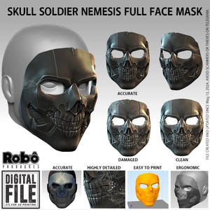 Könnte beinhalten: Eine digitale Datei für eine Skull Soldier Nemesis Vollgesichtsmaske, die mehrere 3D-Renderings der Maske in präzisen, beschädigten und sauberen Varianten zeigt. Das Design umfasst detaillierte Totenkopf-Elemente, Augenhöhlen und einen Nasensteg.