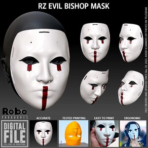 May include: A white RZ Evil Bishop mask featuring black eye outlines and vertical red markings under the eyes and down the chin. The digital file display includes multiple angles, a 3D print preview, and text labels including RZ EVIL BISHOP MASK.