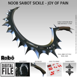 May include: A black Noob Saibot Sickle, a curved blade with sharp, pointed edges. The handle is wrapped in a brown material. The image includes the text "DIGITAL FILE STL FOR 3D PRINTING" and "FULL AND CUT FILE REAL SIZE".