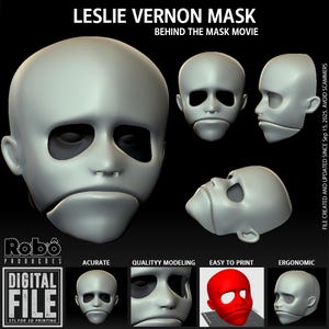 Op de afbeelding: Een grijze Leslie Vernon-masker uit de film "Behind the Mask", getoond vanuit meerdere hoeken. De afbeelding toont een voor-, zij- en schuine weergave van het masker. Het is een digitaal bestand ontworpen voor 3D-printen.