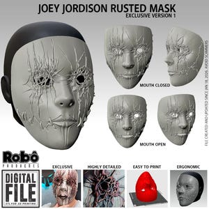 Puede incluir: Una máscara gris impresa en 3D con una apariencia desgastada y oxidada. La máscara presenta un rostro humano con ojos y boca cerrados, y una serie de líneas en la cara. El texto "JOEY JORDISON RUSTED MASK" está en la parte superior. La máscara es un archivo digital.