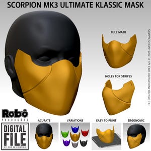 May include: A 3D-rendered Scorpion MK3 Ultimate Klassic Mask in gold and black. The image shows the mask on a mannequin head, with additional views of the mask and variations in different colors. Text includes "DIGITAL FILE" and "STL for 3D printing."