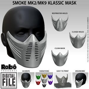 May include: A silver and black Smoke MK2/MK9 Klassic mask, with multiple variations and respirator hole designs. The image includes the text "Digital File STL for 3D Printing".