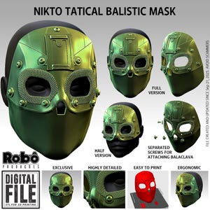 May include: A green and black Nikto tactical ballistic mask, with multiple views, including a full and half version. The mask has a metallic finish, detailed rivets, and text that reads "DIGITAL FILE STL FOR 3D PRINTING".
