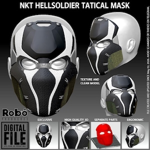May include: A black and white tactical mask with the text "NKT HELLSOLDIER TATICAL MASK". The mask has a futuristic design with a mesh texture and is shown in multiple views. The mask is a digital file for 3D printing.