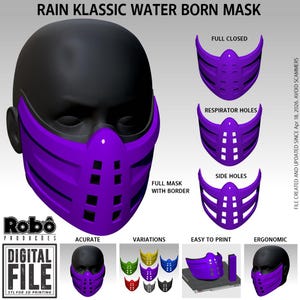 May include: A purple 3D-printed mask with the text "RAIN KLASSIC WATER BORN MASK". The mask has a full closed design, respirator holes, and side holes. The image also shows variations of the mask in different colors and the text "DIGITAL FILE STL FOR 3D PRINTING".