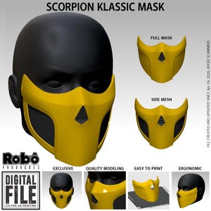 May include: A Scorpion Klassic mask, featuring a black head and a yellow face mask with a distinctive design. The mask has a mesh area on the sides and a central opening. The image includes the text "SCORPION KLASSIC MASK" and "DIGITAL FILE STL FOR 3D PRINTING".