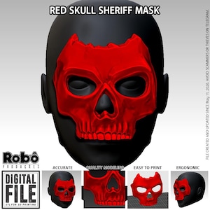 May include: A digital 3D model of a Red Skull Sheriff mask featuring a bright red, textured skull design covering the upper face and nose. The image includes the text RED SKULL SHERIFF MASK, Robô Produções, and Digital File STL for 3D printing.