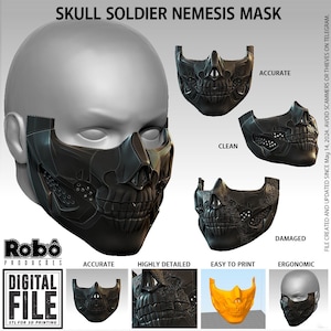 Könnte beinhalten: Eine digitale Datei für eine Skull Soldier Nemesis Maske für den 3D-Druck. Das Design zeigt eine schwarze, detaillierte, schädelförmige untere Gesichtsmaske mit texturierten Elementen. Das Bild zeigt mehrere Ansichten mit den Bezeichnungen accurate, clean und damaged.