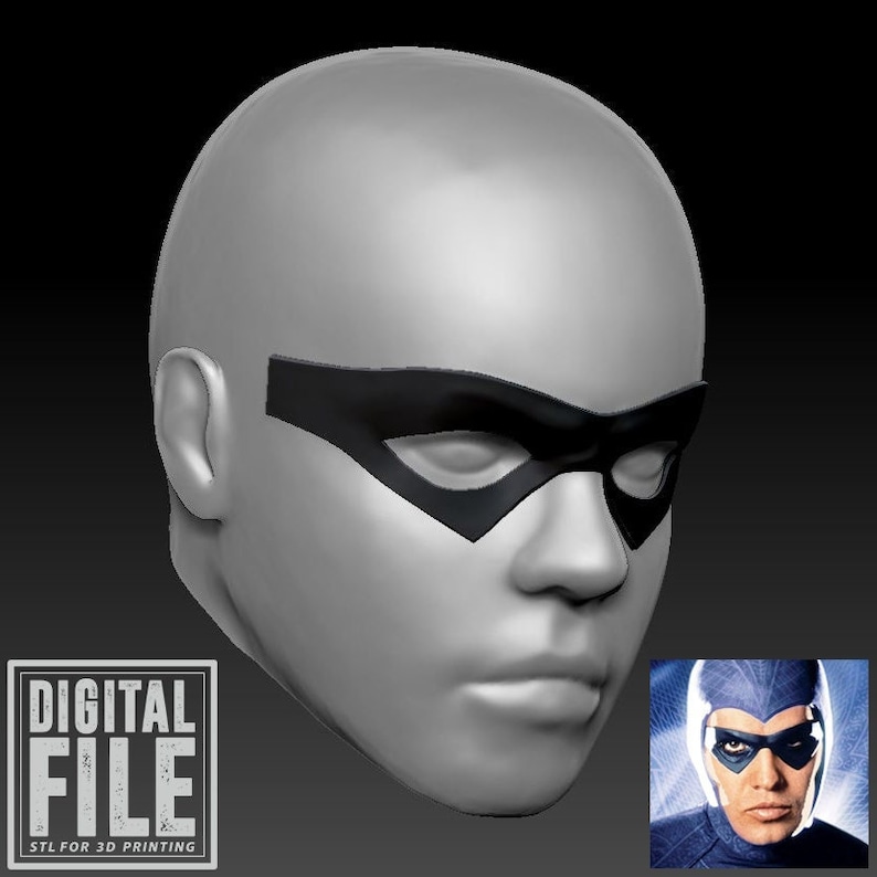 May include: A 3D printed model of a human head with a black mask covering the eyes. The mask has a distinctive shape with a curved top and a pointed bottom. The model is a digital file for 3D printing.