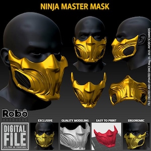 Könnte beinhalten: Eine goldfarbene Ninja Master Maske als digitale Datei für den 3D-Druck. Die Maske hat ein skulpturales, geschichtetes Design mit metallischem Finish. Das Bild zeigt mehrere Ansichten der Maske auf einem Mannequinkopf, inklusive einer roten und weißen Version.
