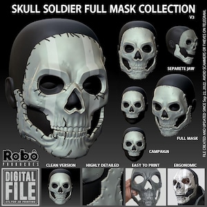 May include: A digital collection of skull soldier masks featuring various designs including a clean version, a separate jaw piece, and a full mask. The white skull masks have black accents and stitching details, presented with text labels like SKULL SOLDIER FULL MASK COLLECTION and DIGITAL FILE.
