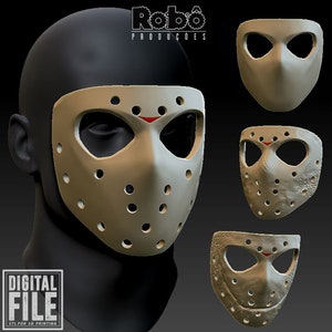 Könnte beinhalten: Eine digitale Datei für den 3D-Druck, die eine beige Hockeymaske mit kreisförmigen Belüftungslöchern und einem kleinen roten Dreiecksakzent über der Nase zeigt. Das Bild präsentiert vier Varianten der Maske, einschließlich glatter und verwitterter Texturen.