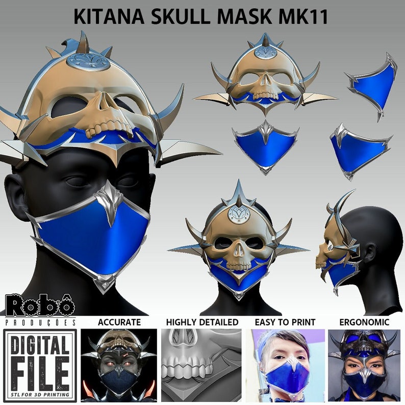 May include: A 3D printed Kitana Skull Mask from Mortal Kombat 11. The mask is gold and blue with a skull design. The mask is shown from multiple angles, including a close-up of the skull detail. The text "Kitana Skull Mask MK11" is at the top of the image.
