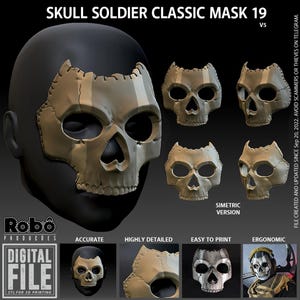 May include: A digital file for a Skull Soldier Classic Mask 19 V5, featuring a beige skull-shaped face covering with stitched detailing around the edges. The image displays multiple views of the mask, including a symmetric version and a finished example.