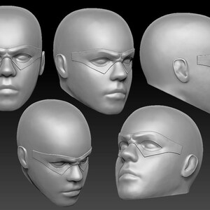 May include: Five 3D printed models of human heads with a stylized mask covering the eyes. The masks are all different shapes and sizes, but they all have a similar design.