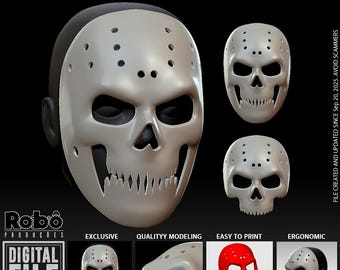 Op de afbeelding: Digitaal weergegeven ghost hockeymasker met een schedelontwerp. Het masker is wit met zwarte oogkassen en een gekartelde mond. De afbeelding bevat de tekst "GHOST HOCKEY MASK" en "DIGITAL FILE STL FOR 3D PRINTING".