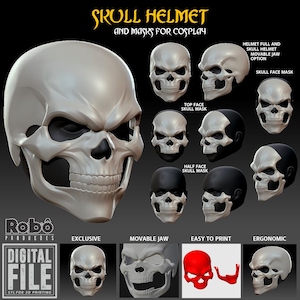 Peut inclure: Une collection de casques et masques de crâne pour le cosplay. L'image présente divers modèles, notamment des casques complets, des masques demi-visage et des masques supérieurs. Le texte de l'image indique "Digital File" et "STL for 3D printing".
