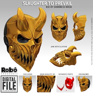 Puede incluir: Máscara dorada Kid of Darkness con dientes afilados y cuernos curvados, mostrada en múltiples vistas. El texto en la imagen incluye "SLAUGHTER TO PREVAIL" y "DIGITAL FILE". Diseñada para impresión 3D.