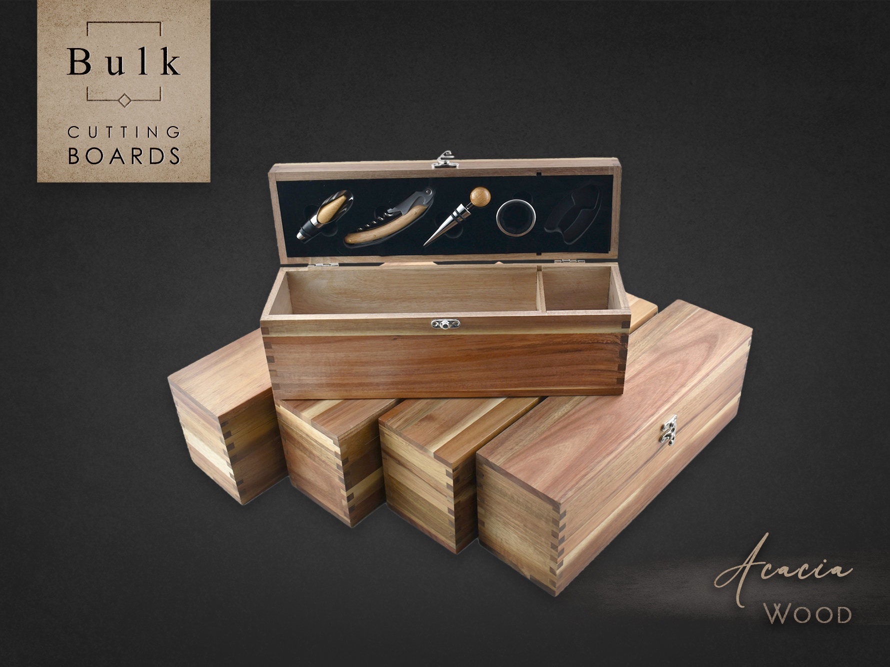 SALE! Pack of 5 Acacia Wooden Wine Boxes with Accessories - 13.75" X 3.08 " X 4.75"