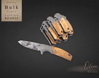 Pack of Olive Wood Pocket Knives with Deer Design - 3.75" Blade , 8" Total - Pocket Knife, Hunting Knife, Folding Knife
