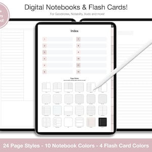 Peut inclure: Un modèle de carnet numérique et de cartes mémoire pour les applications iPad comme Goodnotes, Notability, Xodo, et plus encore. Le modèle comprend 24 styles de pages, 10 couleurs de carnet et 4 couleurs de cartes mémoire. L'image montre un carnet numérique avec un index, des styles de pages et une page vierge.
