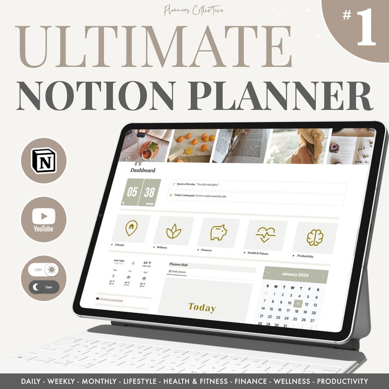Puede incluir: Un ordenador port&aacute;til que muestra una plantilla de planificador de Notion con un calendario, un panel de control y secciones para estilo de vida, bienestar, finanzas, salud y estado f&iacute;sico, y productividad. El texto "Ultimate Notion Planner" se muestra en la parte superior de la pantalla.