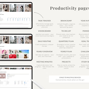 Puede incluir: Una pantalla digital que muestra un conjunto de p&aacute;ginas de productividad con t&iacute;tulos como "Seguimiento de tareas", "Tablero de visi&oacute;n", "Descarga de cerebro", "Lista de tareas", "Pomodoro", "A&ntilde;o en fotos", "Rutina diaria", "Plan trimestral", "Seguimiento de objetivos", "Descripci&oacute;n general anual", "Plan anual", "Registro de desaf&iacute;os", "Actas de la reuni&oacute;n", "Proyectos", "Sesi&oacute;n de estudio". La pantalla est&aacute; sobre una superficie blanca con un l&aacute;piz &oacute;ptico al lado.