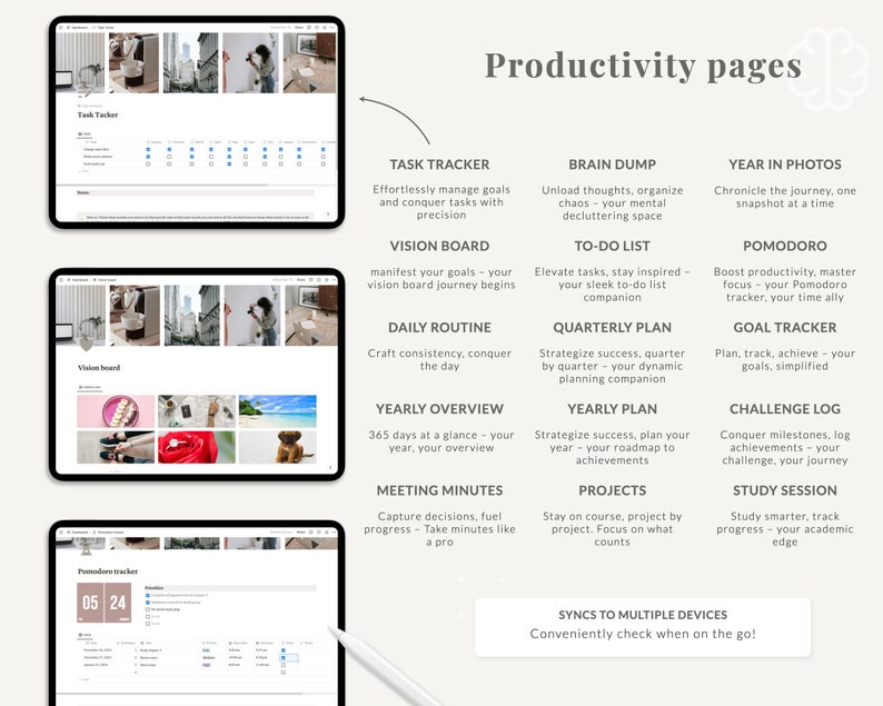 Puede incluir: Una pantalla digital que muestra un conjunto de p&aacute;ginas de productividad con t&iacute;tulos como "Seguimiento de tareas", "Tablero de visi&oacute;n", "Descarga de cerebro", "Lista de tareas", "Pomodoro", "A&ntilde;o en fotos", "Rutina diaria", "Plan trimestral", "Seguimiento de objetivos", "Descripci&oacute;n general anual", "Plan anual", "Registro de desaf&iacute;os", "Actas de la reuni&oacute;n", "Proyectos", "Sesi&oacute;n de estudio". La pantalla est&aacute; sobre una superficie blanca con un l&aacute;piz &oacute;ptico al lado.