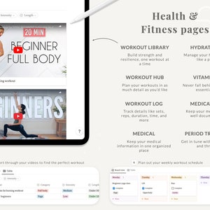 Puede incluir: Una captura de pantalla de una tableta que muestra una aplicaci&oacute;n de salud y fitness. La aplicaci&oacute;n presenta una vista de galer&iacute;a de videos de entrenamiento, una biblioteca de entrenamiento, un centro de entrenamiento, un registro de entrenamiento, un rastreador de hidrataci&oacute;n, un rastreador de vitaminas, un rastreador de medicamentos, un rastreador de per&iacute;odos y una secci&oacute;n de informaci&oacute;n m&eacute;dica. La aplicaci&oacute;n tambi&eacute;n permite a los usuarios planificar su horario de entrenamiento semanal.