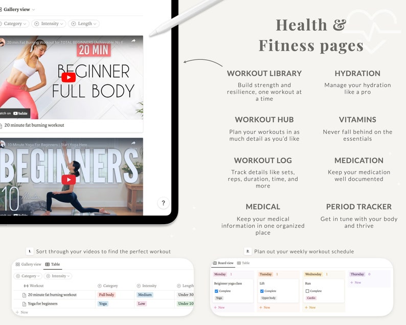Puede incluir: Una captura de pantalla de una tableta que muestra una aplicaci&oacute;n de salud y fitness. La aplicaci&oacute;n presenta una vista de galer&iacute;a de videos de entrenamiento, una biblioteca de entrenamiento, un centro de entrenamiento, un registro de entrenamiento, un rastreador de hidrataci&oacute;n, un rastreador de vitaminas, un rastreador de medicamentos, un rastreador de per&iacute;odos y una secci&oacute;n de informaci&oacute;n m&eacute;dica. La aplicaci&oacute;n tambi&eacute;n permite a los usuarios planificar su horario de entrenamiento semanal.