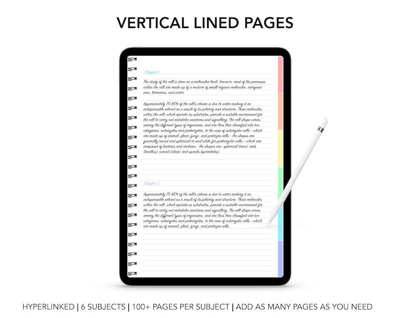 May include: A digital tablet with a vertical lined page template. The tablet has a rainbow colored border and is displaying a page with the text "Chapter 1" and "Chapter 2" at the top of the page. The text is handwritten in black ink. The tablet is resting on a white surface.