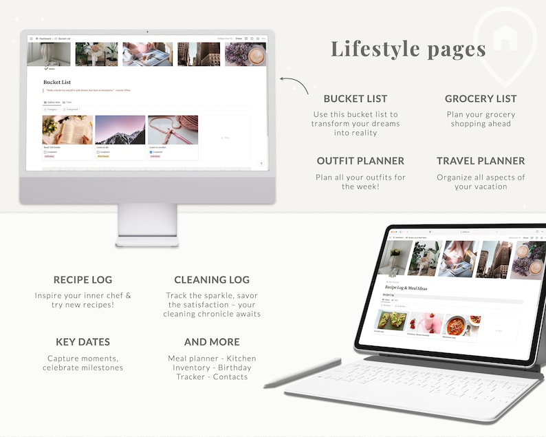 Puede incluir: Una pantalla de computadora que muestra un sitio web con una lista de p&aacute;ginas de estilo de vida, que incluyen una lista de deseos, un planificador de atuendos, una lista de compras, un planificador de viajes, un registro de recetas, un registro de limpieza y fechas clave. El sitio web est&aacute; dise&ntilde;ado para ayudar a los usuarios a organizar sus vidas y alcanzar sus objetivos.