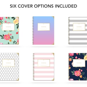 May include: Six different notebook cover designs. The covers feature a variety of patterns, including floral, striped, and geometric designs. Each cover has a gold spiral binding and a gold corner.